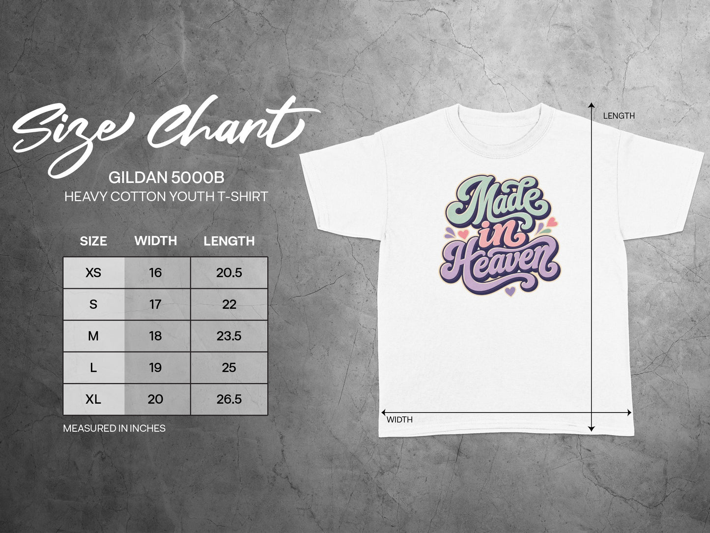 Gildan 5000B youth t-shirt size chart with width and length measurements in inches.