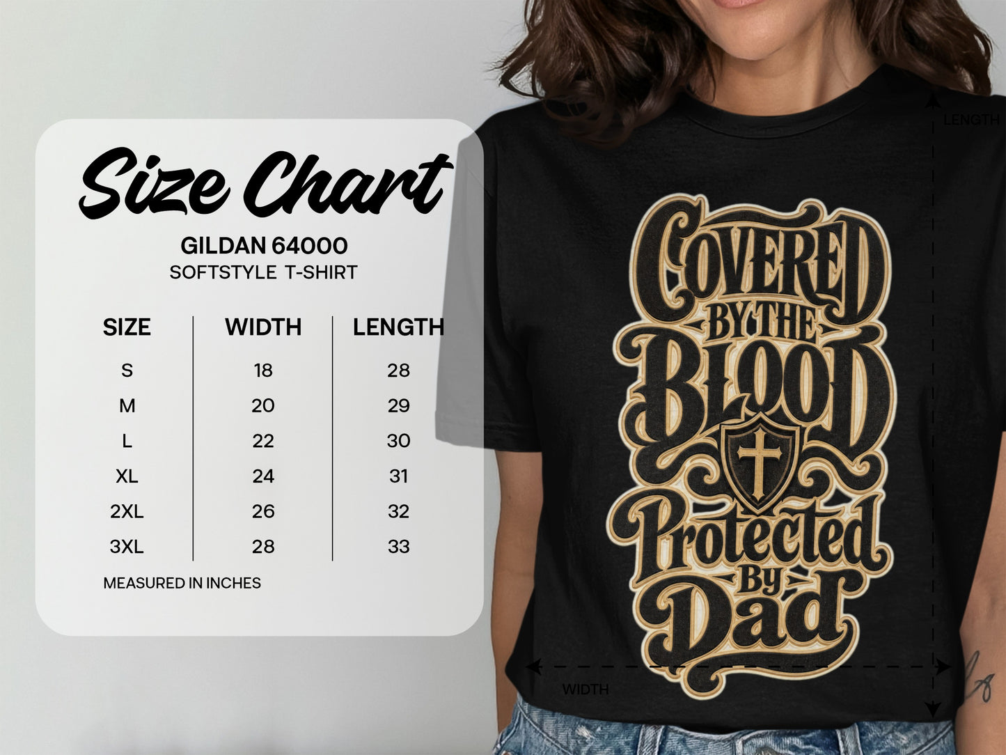 Gildan 64000 size chart with width and length measurements in inches.