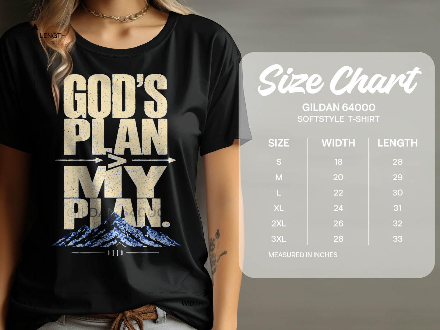 Black t-shirt with "GOD'S PLAN > MY PLAN" text and mountains, alongside a size chart.