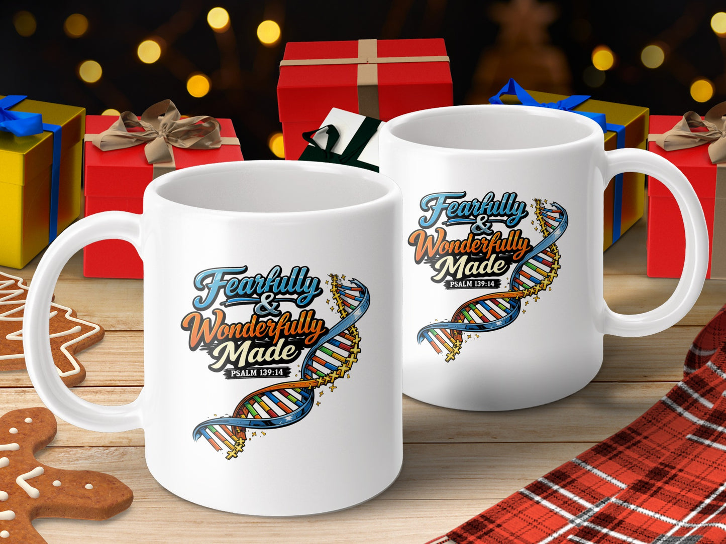 Two white mugs with "Fearfully & Wonderfully Made" and DNA design.