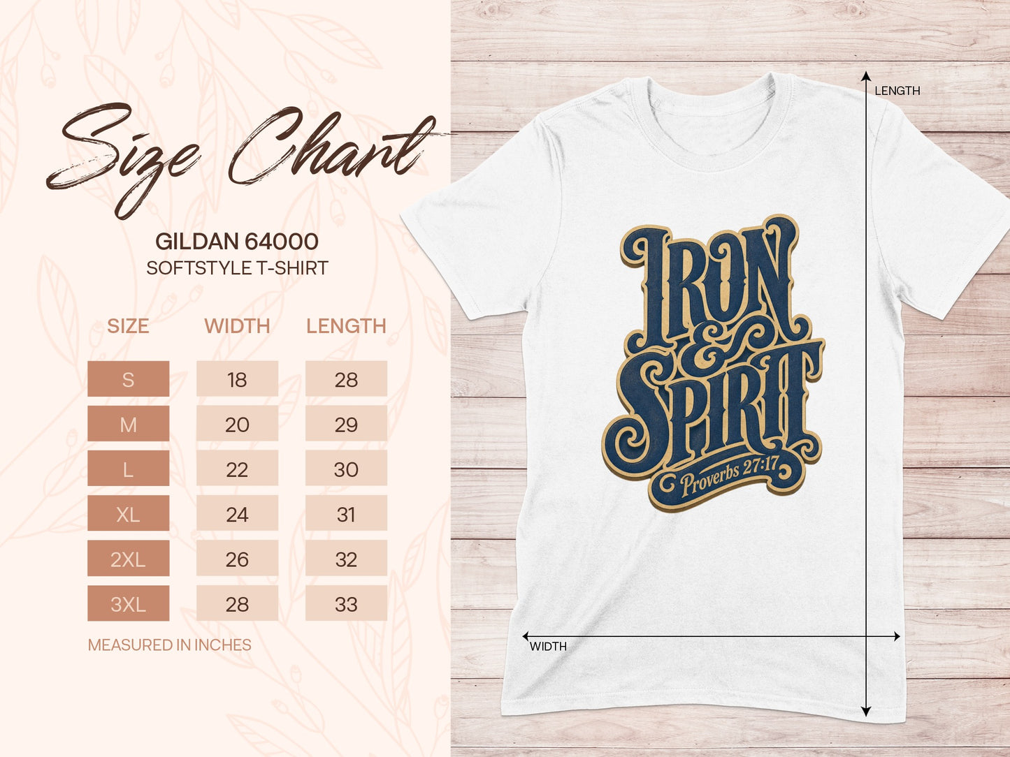 Gildan 64000 Softstyle T-shirt size chart with Iron Spirit graphic.