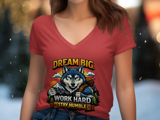 Red t-shirt with wolf graphic, mountains, sun, and text "DREAM BIG WORK HARD STAY HUMBLE".