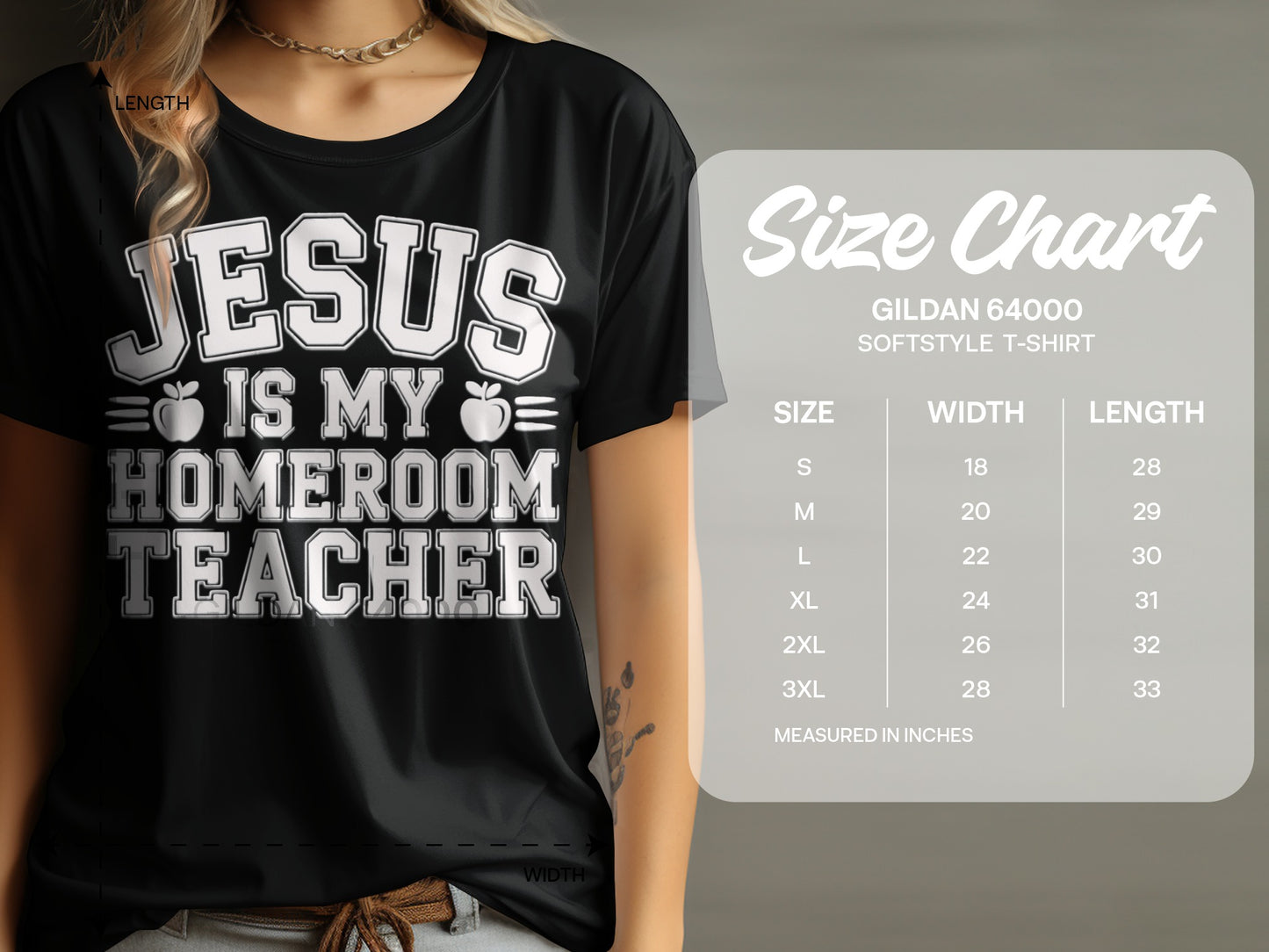 Black t-shirt with white text "Jesus Is My Homeroom Teacher" and a size chart.