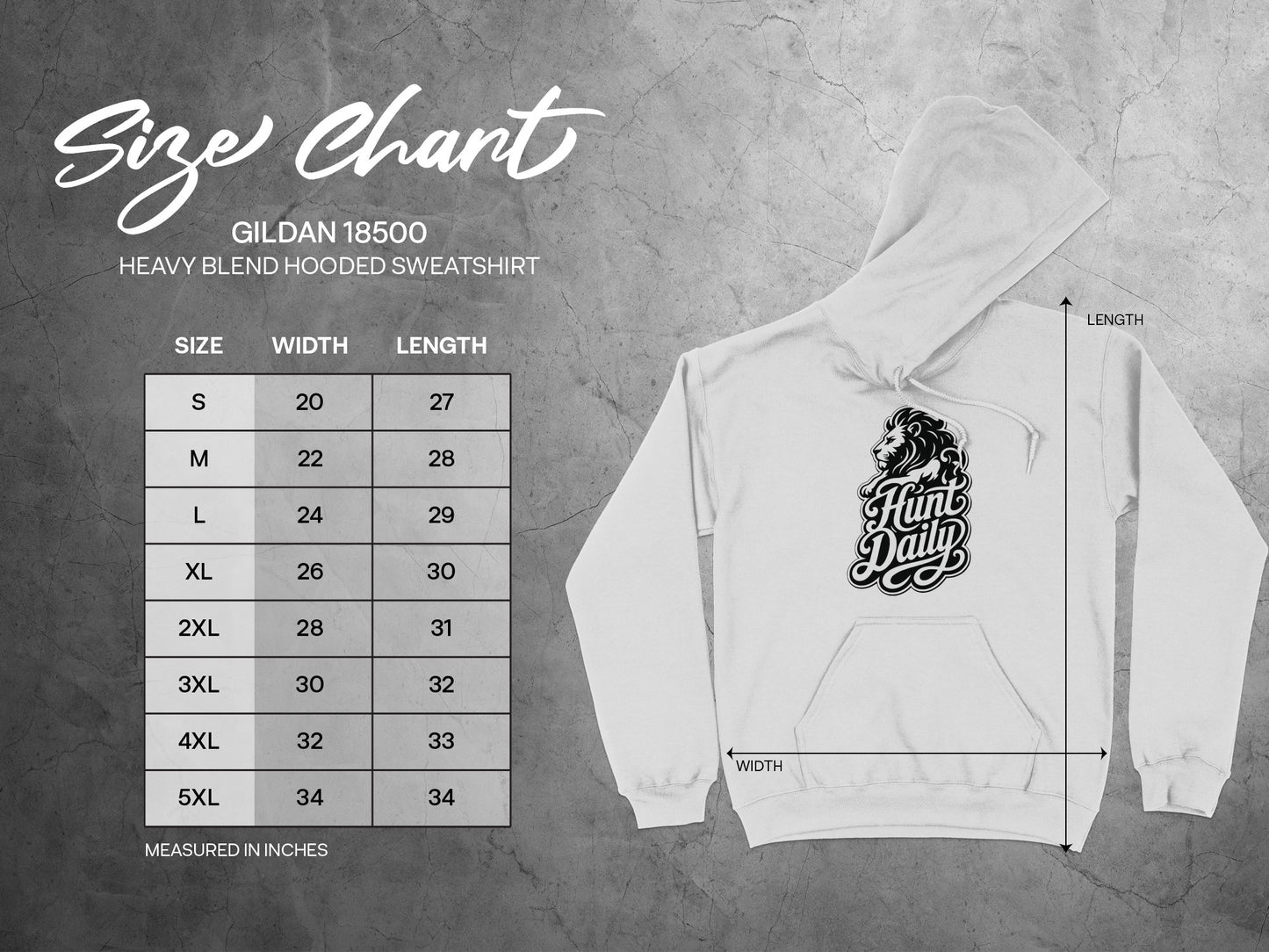 Gildan 18500 Heavy Blend Hooded Sweatshirt size chart with width and length measurements.