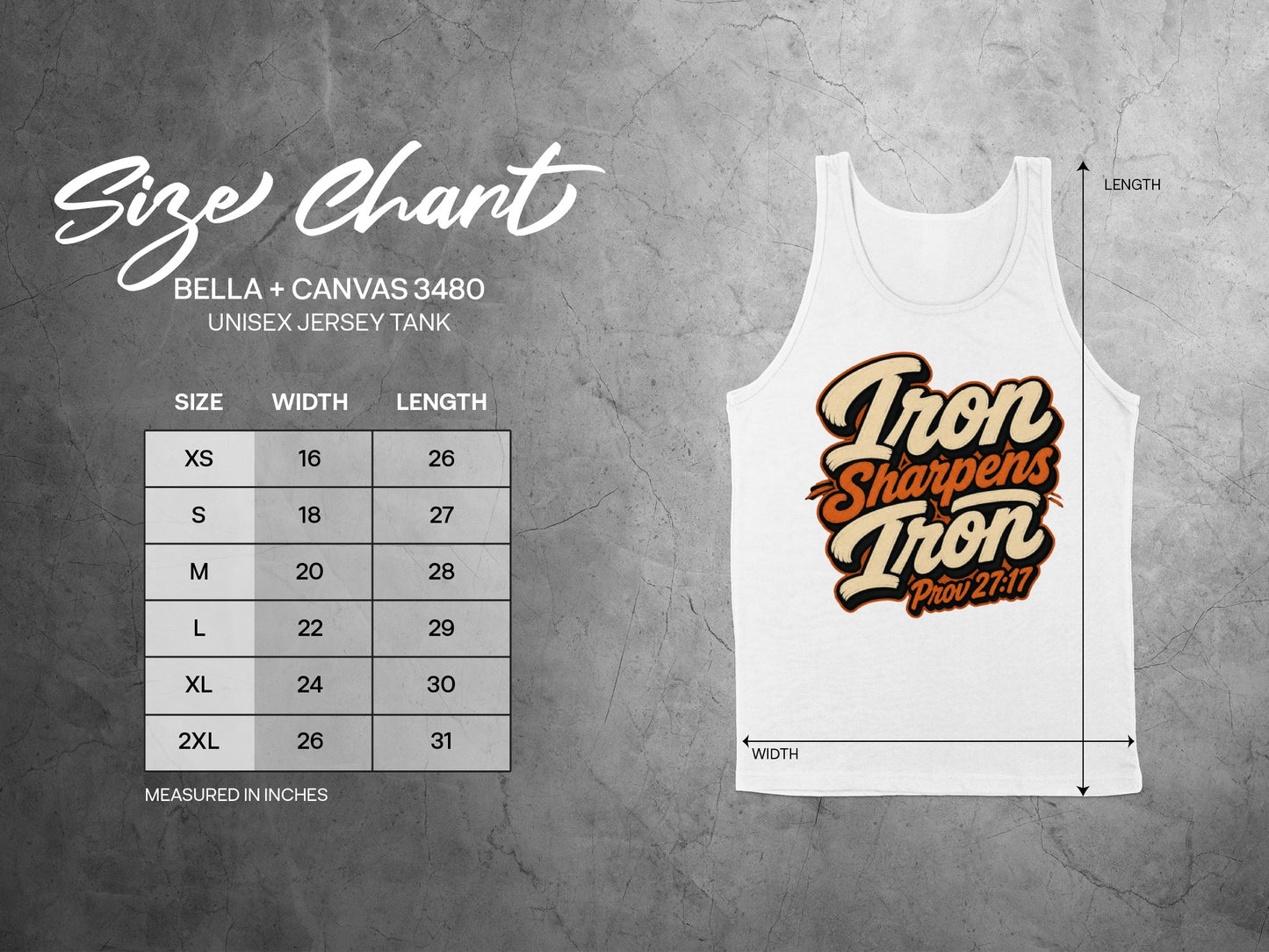 Bella + Canvas unisex tank size chart with width and length measurements in inches.