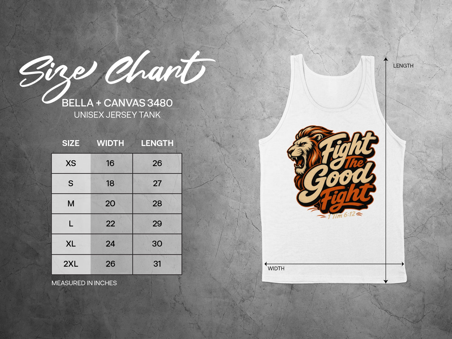 Unisex jersey tank size chart with dimensions and a graphic of a lion.