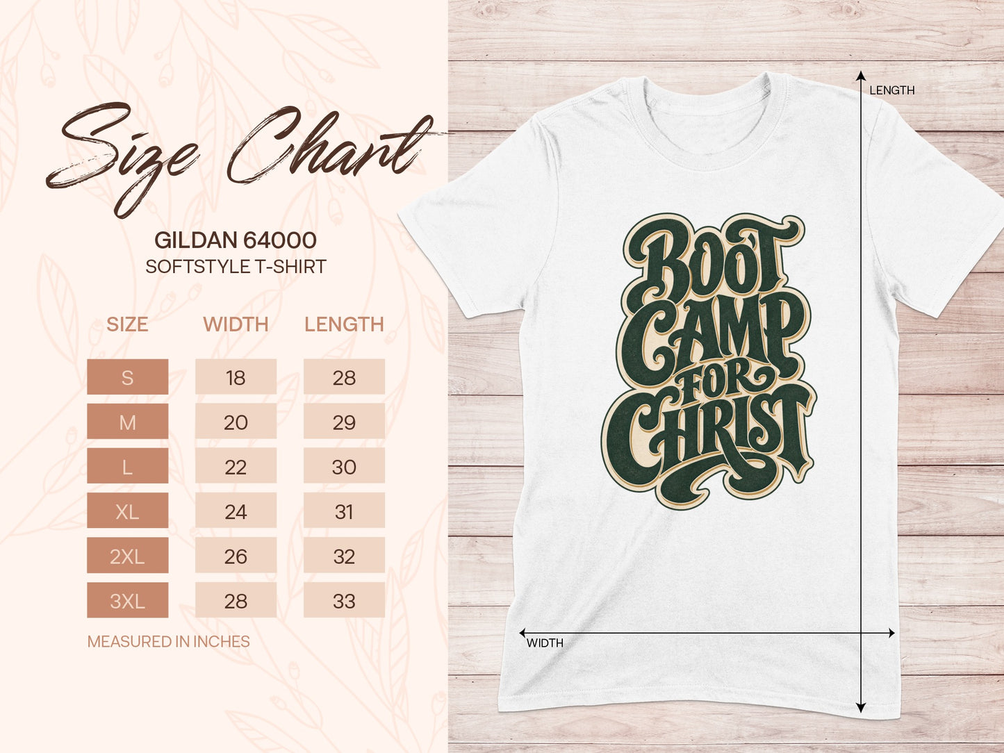 Gildan 64000 Softstyle t-shirt size chart indicating width and length in inches.
