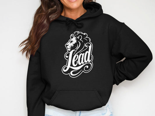 Black hoodie with white lion head and "Lead" graphic design.