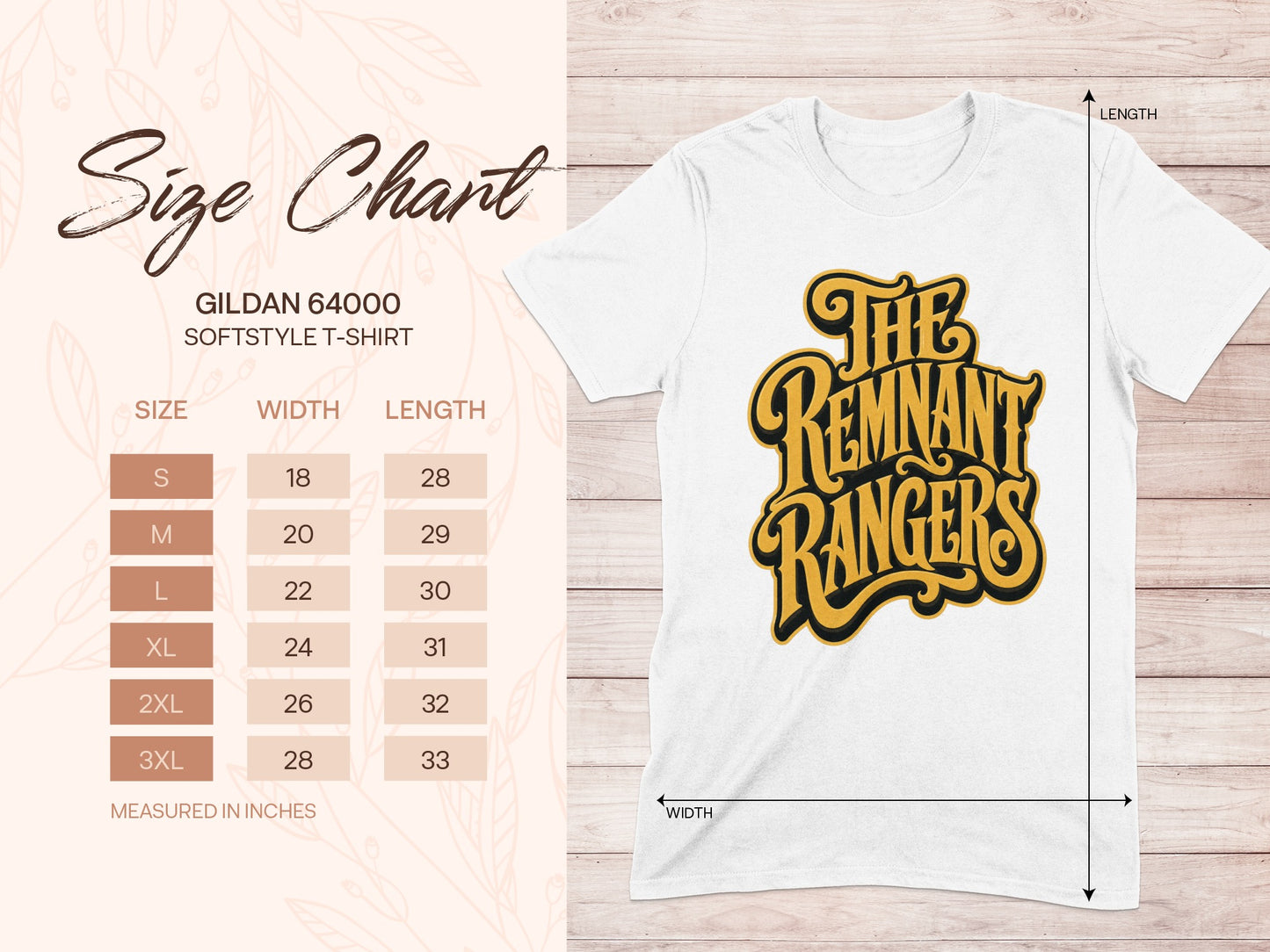 Gildan 64000 softstyle t-shirt size chart with width and length measurements.