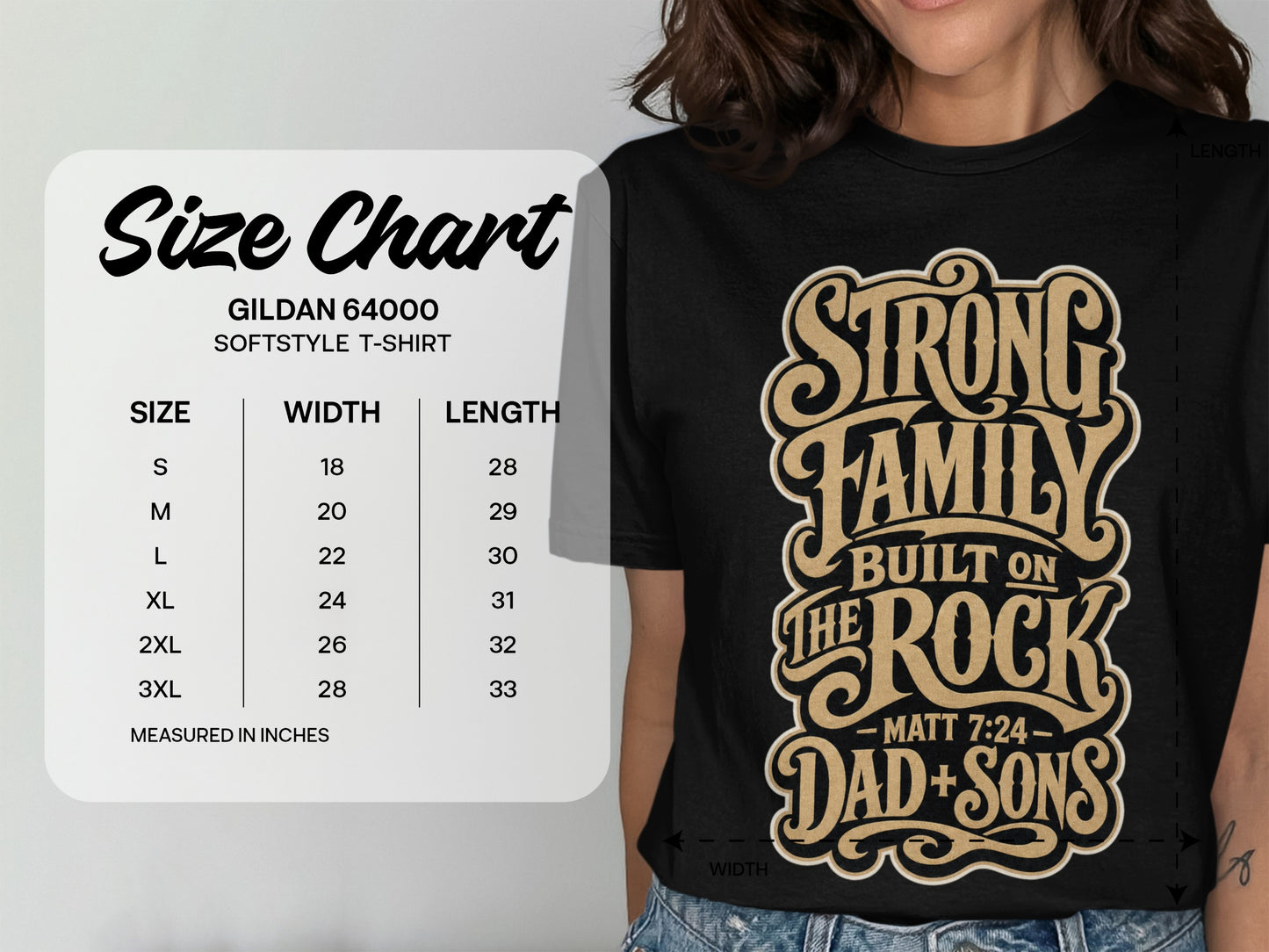 Size chart for Gildan 64000 Softstyle T-Shirt, featuring "Strong Family" graphic.