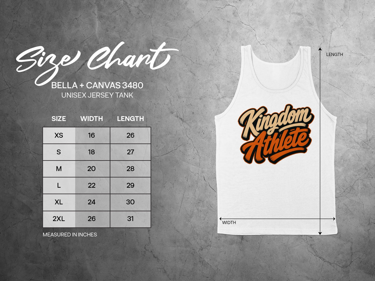 Bella + Canvas 3480 unisex jersey tank size chart with width and length measurements in inches.