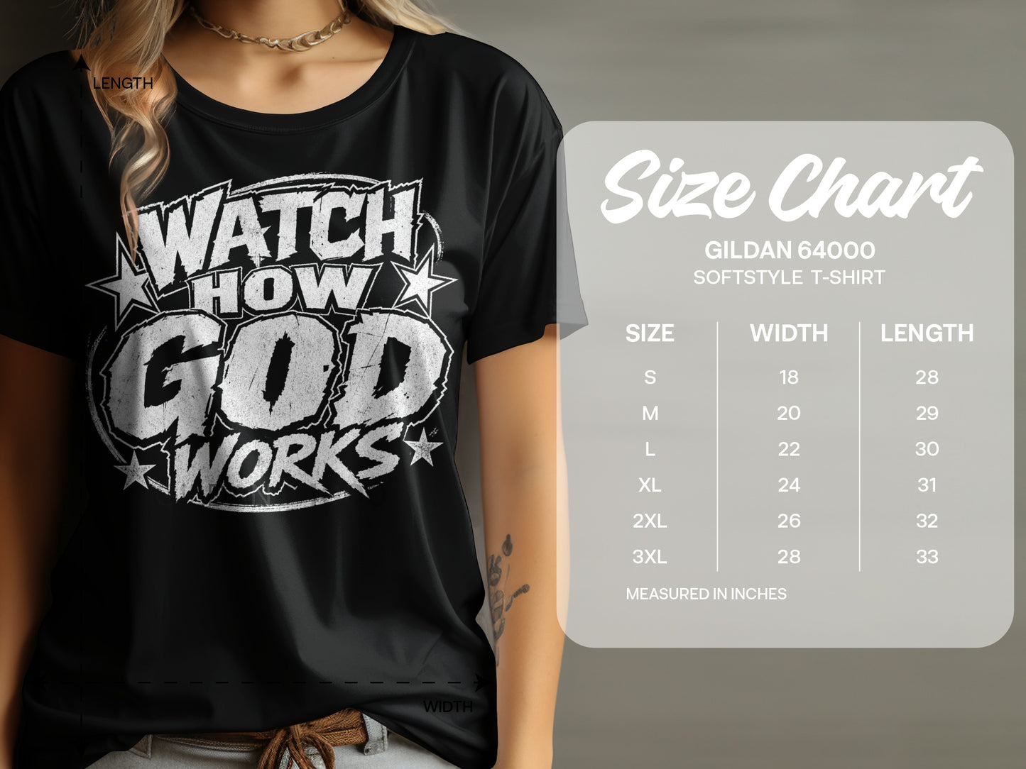 Black t-shirt with "Watch How God Works" graphic and size chart.
