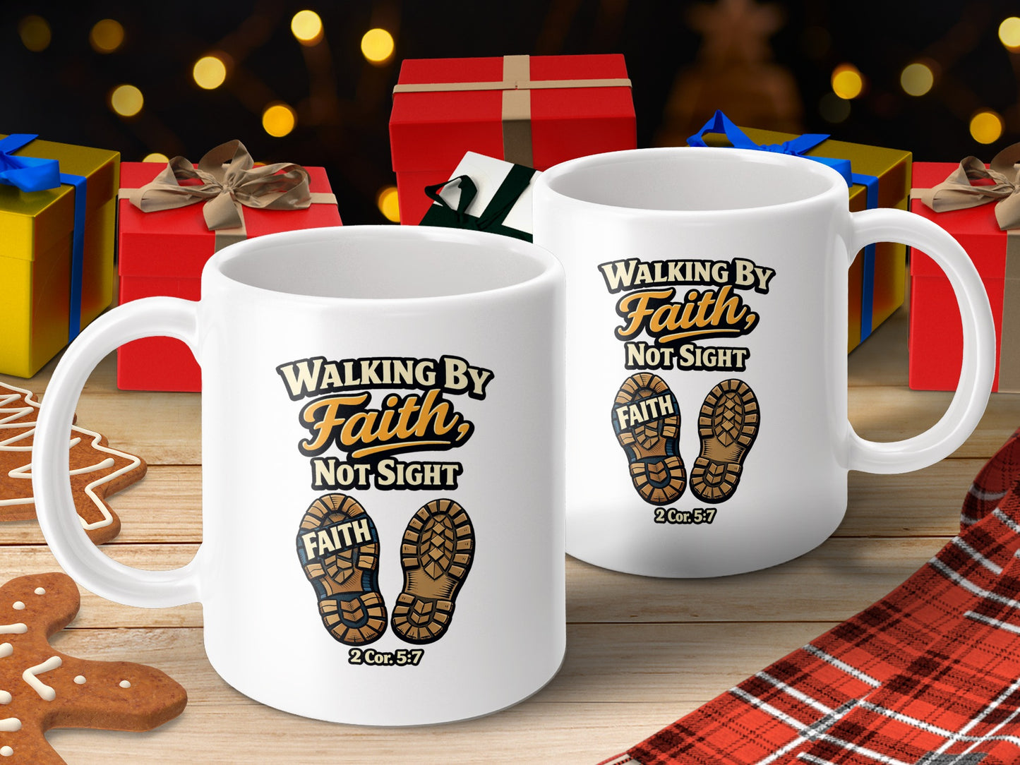 Two white mugs with "Walking by Faith Not Sight" and shoe prints.