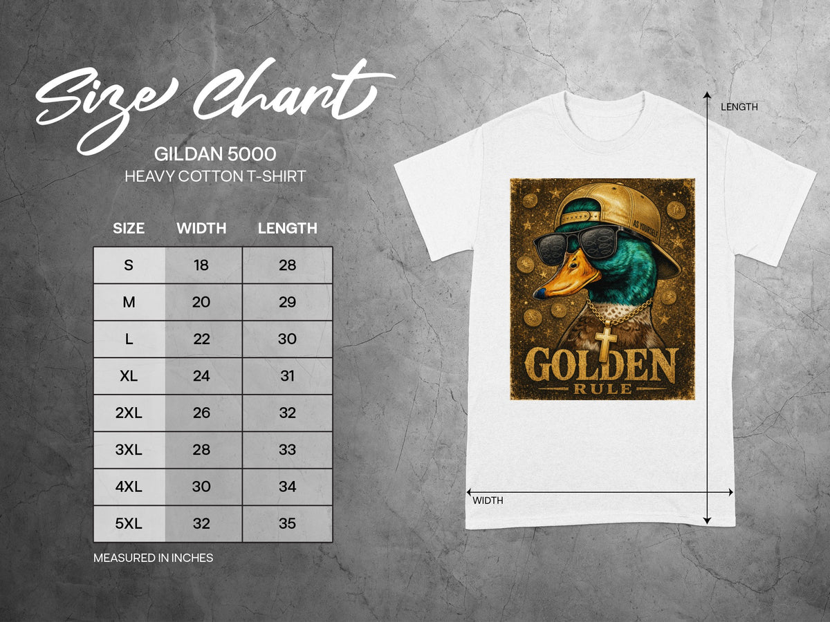 Gildan 5000 size chart and white t-shirt with a duck graphic.