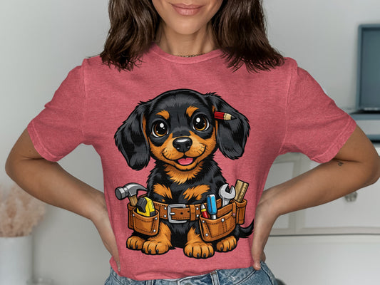Dachshund wearing a tool belt with a pencil behind its ear and hammer.