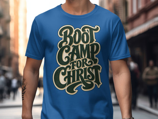 Blue t-shirt with "Boot Camp For Christ" graphic in vintage lettering.