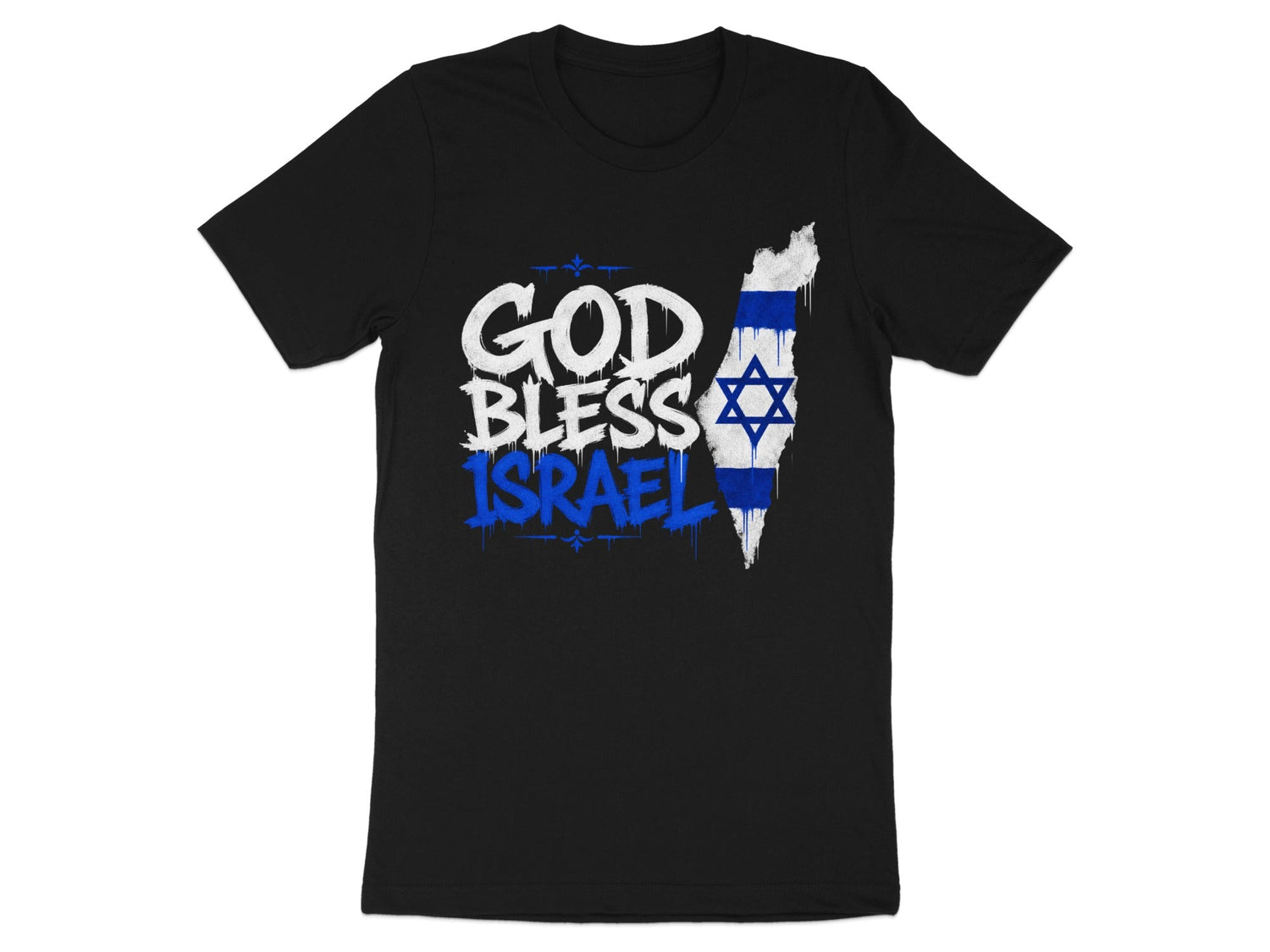 Black t-shirt with "GOD BLESS ISRAEL" text and Israeli flag map graphic.