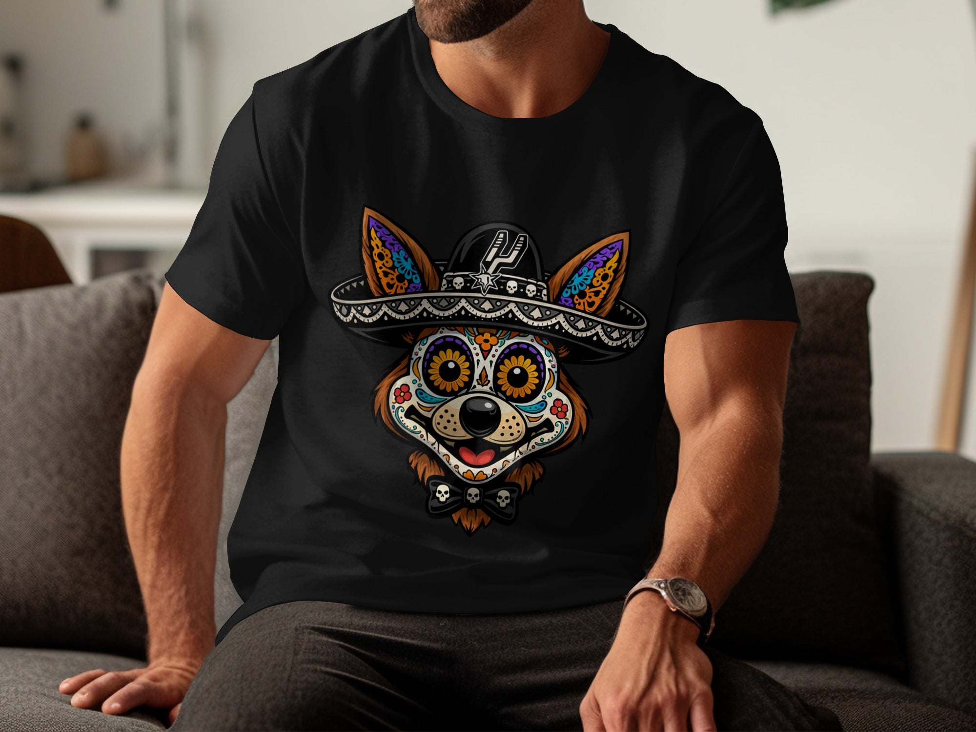 Black t-shirt featuring a cartoon dog wearing a sombrero and sugar skull face.
