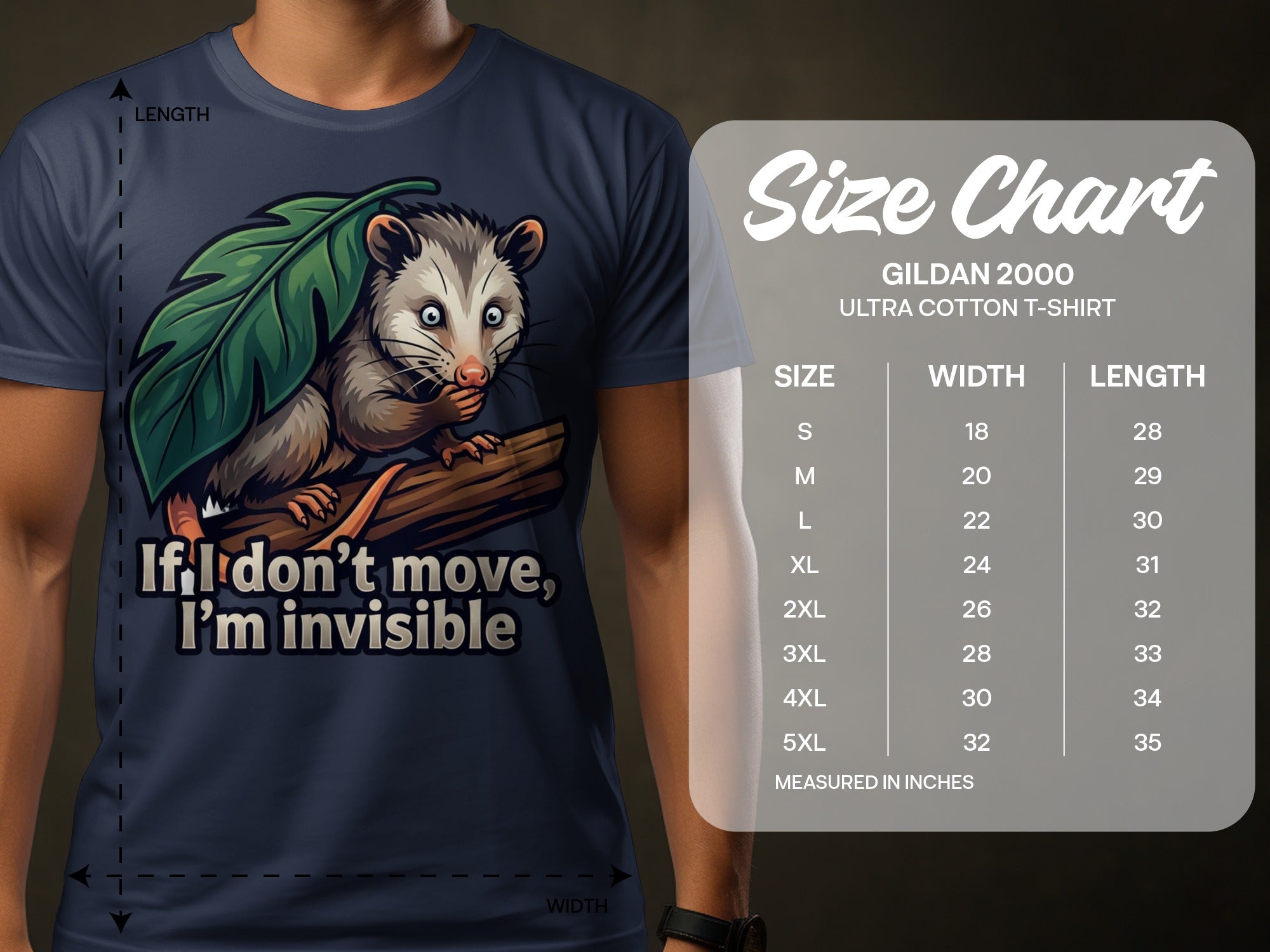 T-shirt with possum graphic, text "If I don't move, I'm invisible," and size chart.