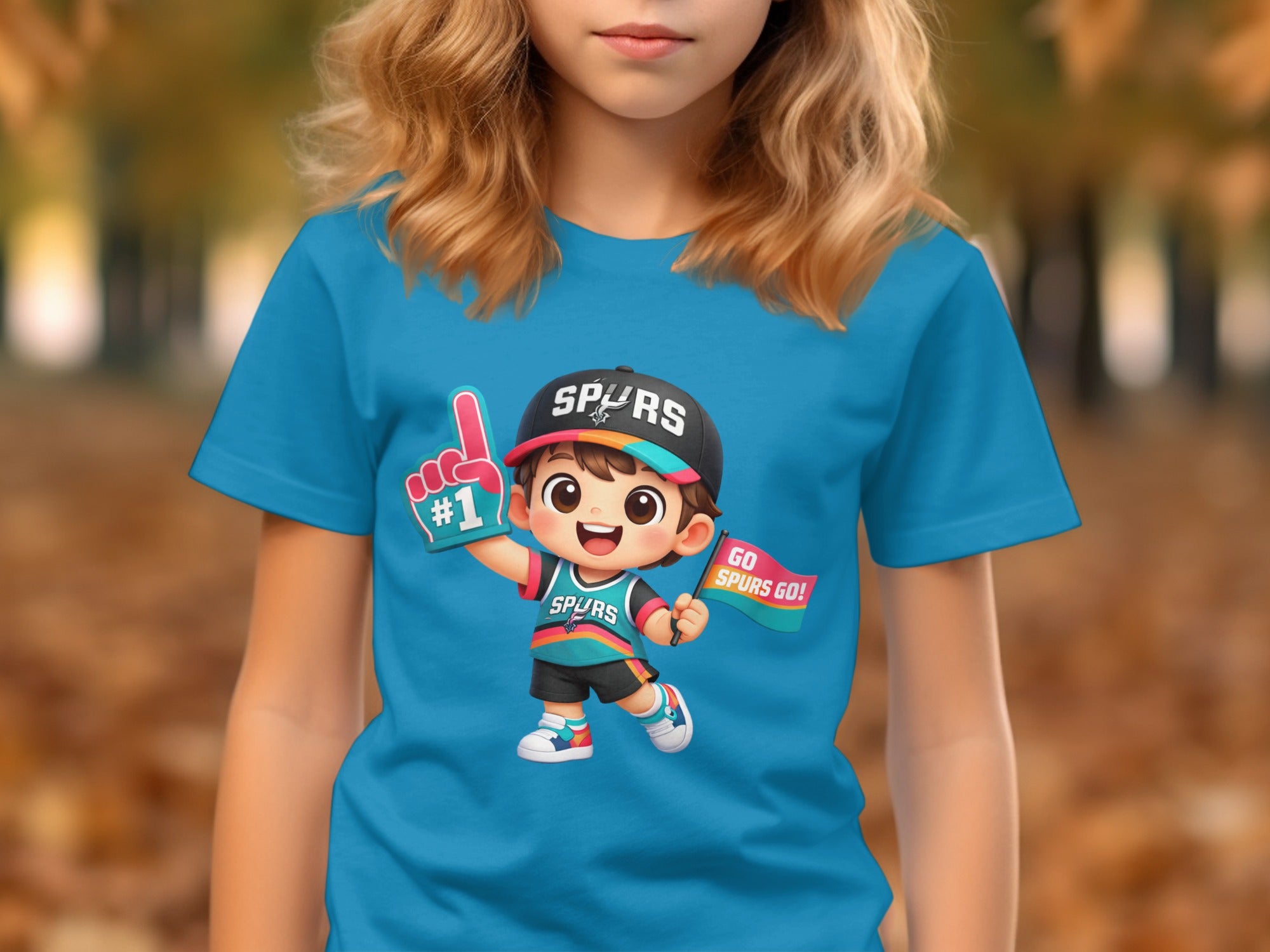 Cartoon child wearing a turquoise shirt with Spurs logo, holding #1 foam finger and flag.