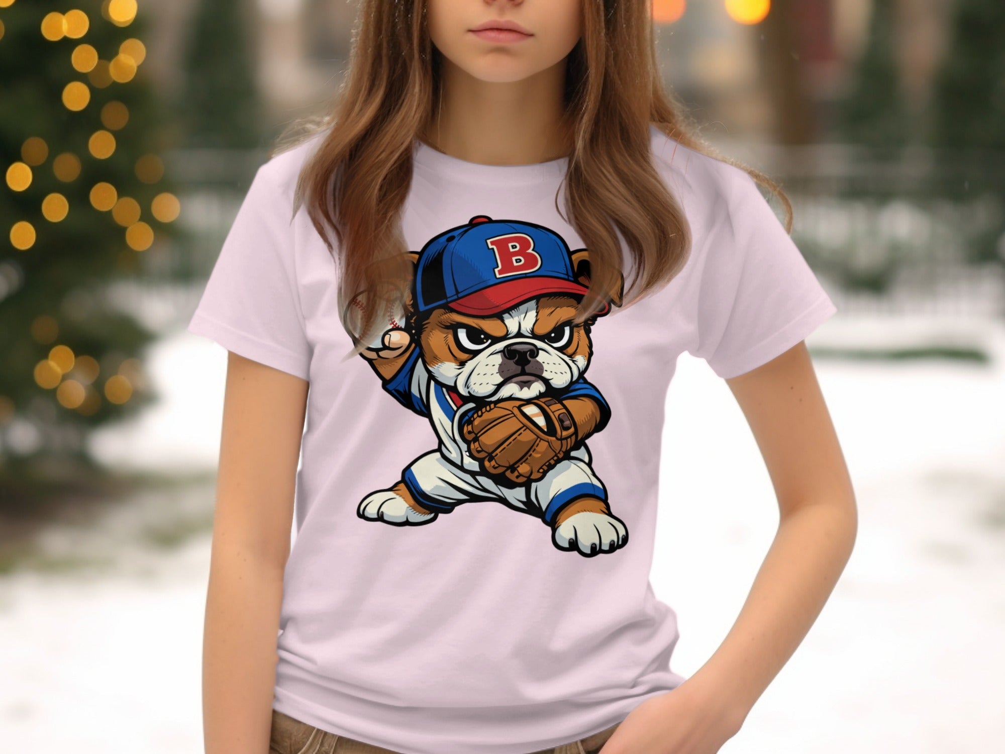 Bulldog in baseball uniform with "B" on cap ready to throw ball.