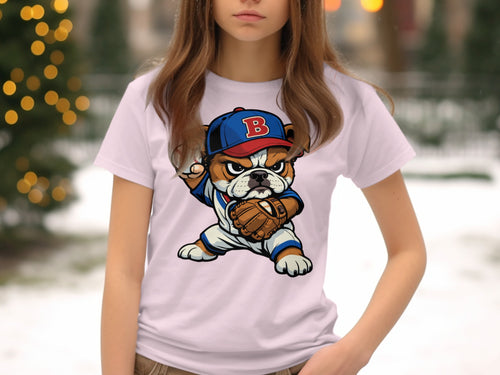 Bulldog in baseball uniform with "B" on cap ready to throw ball.
