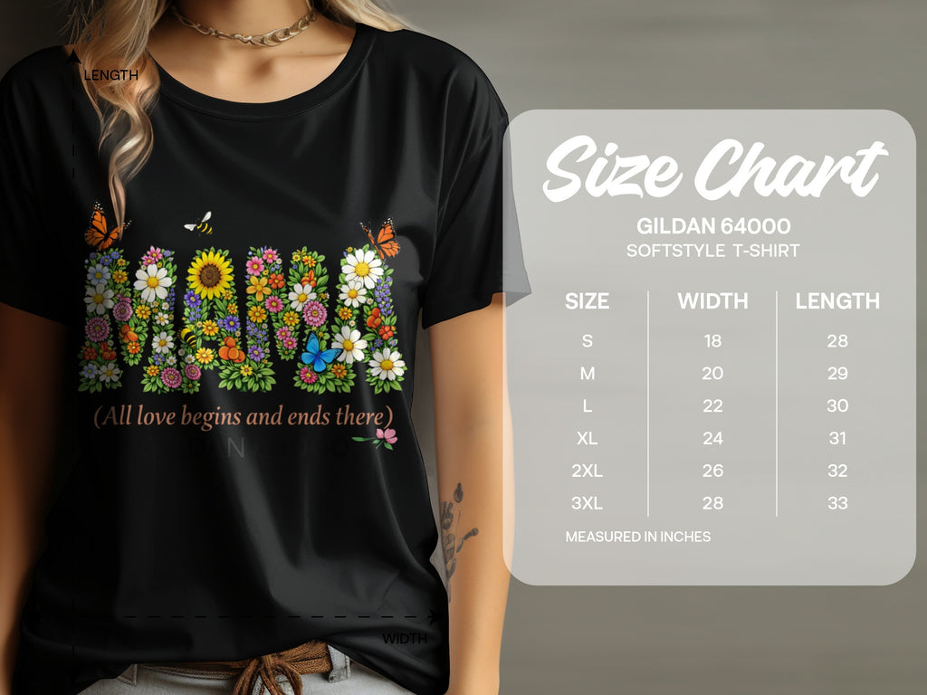Black t-shirt with floral "Mama" design and size chart.