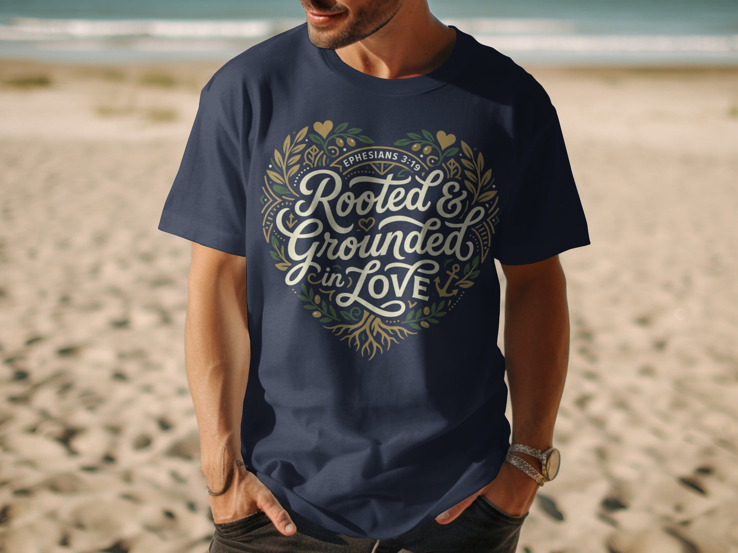 Navy t-shirt with "Rooted & Grounded in Love" text and Ephesians 3:19.