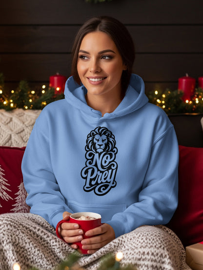 Light blue hoodie with "No Prey" and lion graphic on chest.