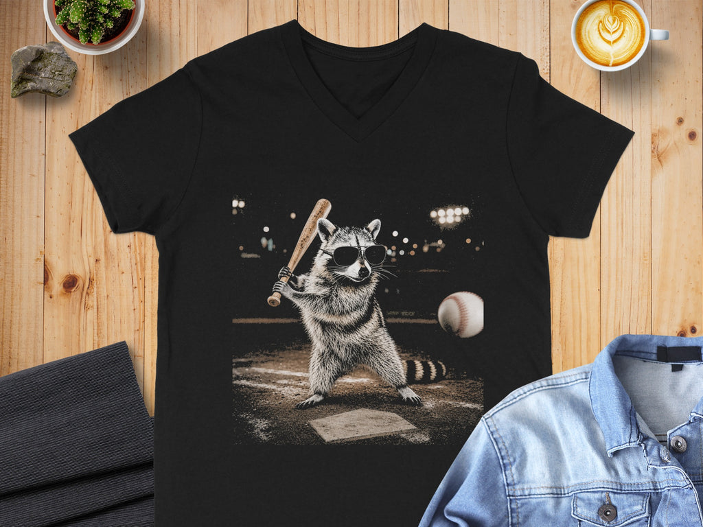 Raccoon in sunglasses swings baseball bat on field with baseball flying.