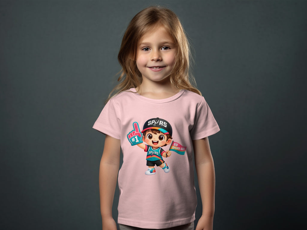 Pink t-shirt with cartoon Spurs fan graphic and the words "GO SPURS GO!"