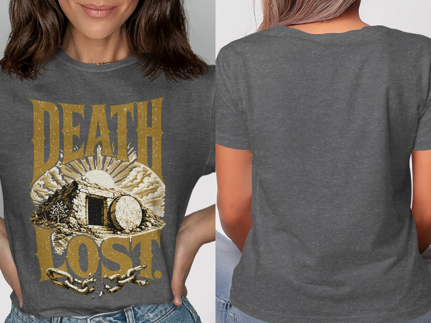 Graphic t-shirt with tomb, sunburst, broken chains, and "Death Lost" text.