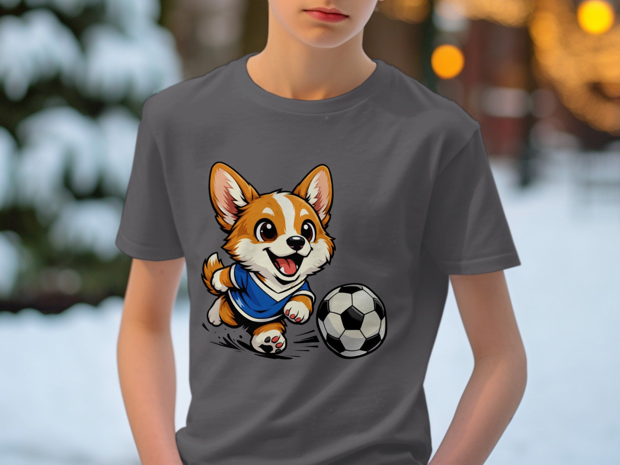Cartoon corgi in a blue soccer jersey playing with a soccer ball.