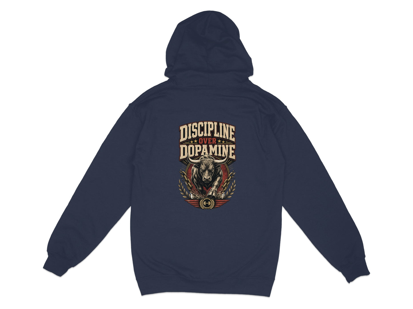 Navy hoodie with "DISCIPLINE OVER DOPAMINE" text and bull graphic.