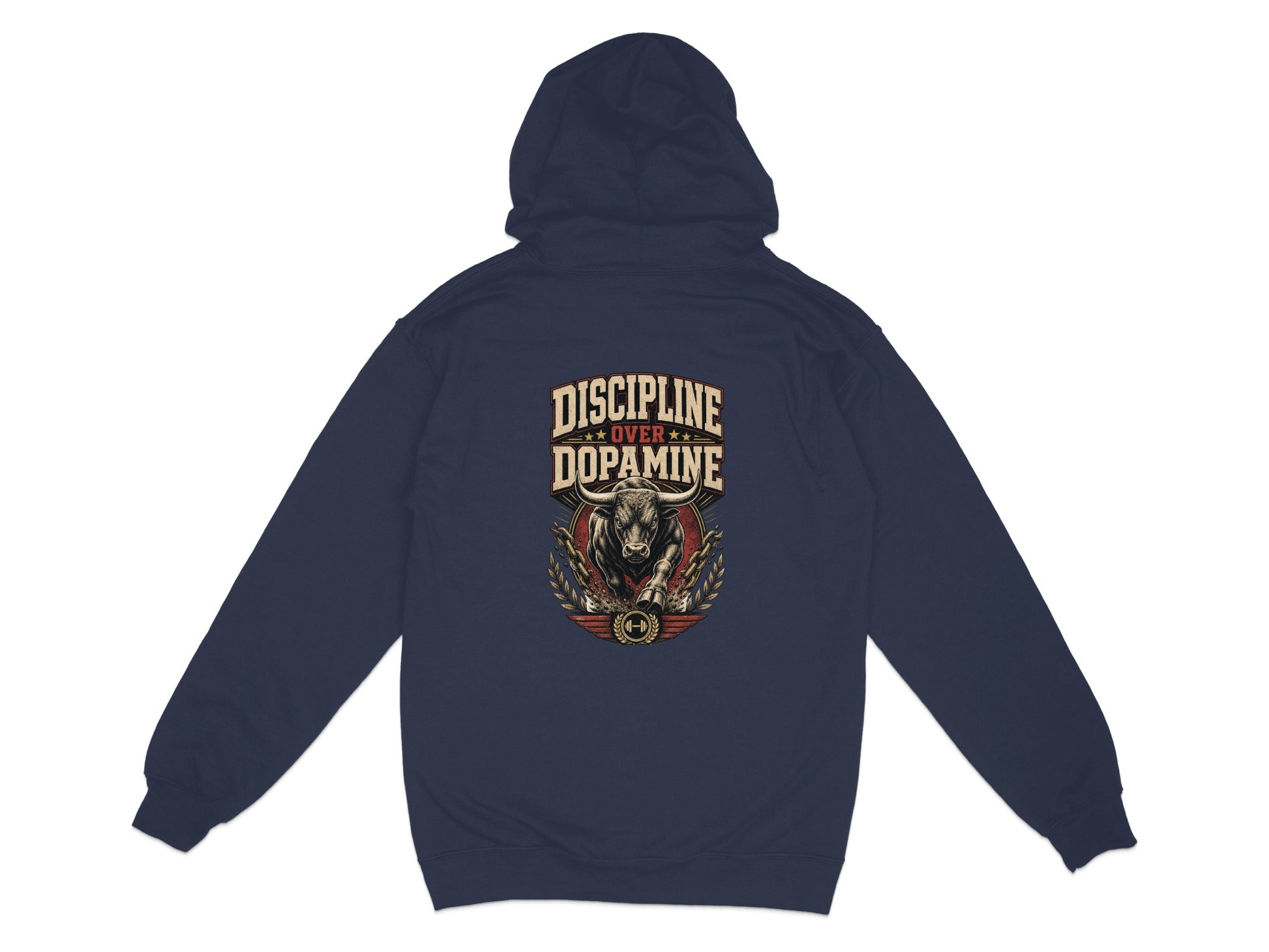 Navy hoodie with "DISCIPLINE OVER DOPAMINE" text and bull graphic.