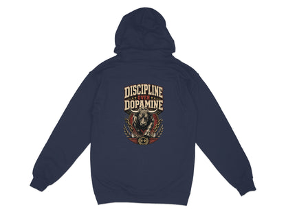 Navy hoodie with "DISCIPLINE OVER DOPAMINE" text and bull graphic.