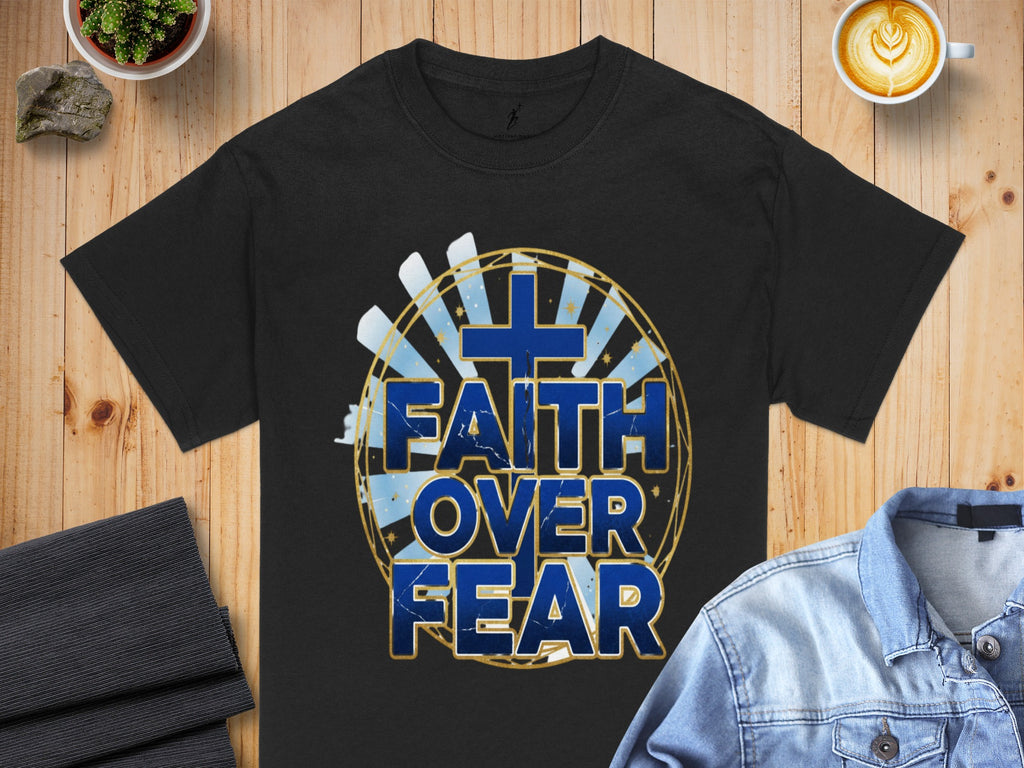 Black t-shirt with "Faith Over Fear" text and a blue cross graphic.