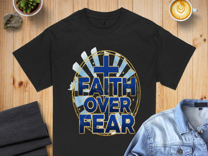 Black t-shirt with "Faith Over Fear" text and a blue cross graphic.