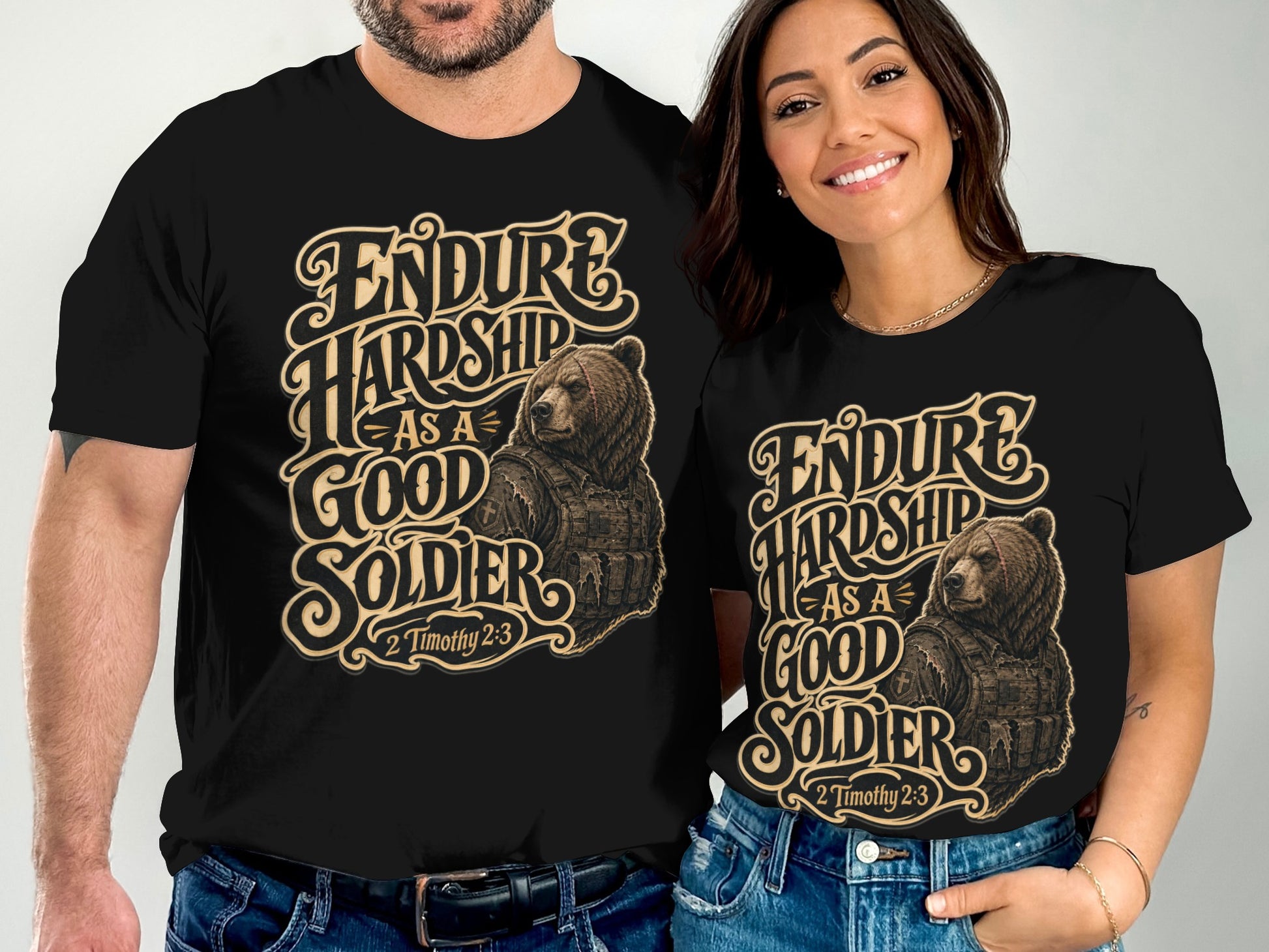 Black t-shirt graphic with text "Endure Hardship As A Good Soldier" and a bear in tactical gear.