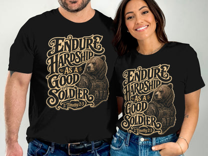 Black t-shirt graphic with text "Endure Hardship As A Good Soldier" and a bear in tactical gear.