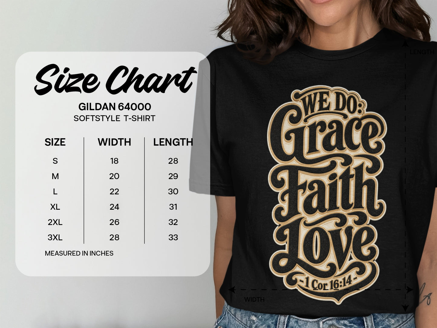 Gildan 64000 softstyle t-shirt size chart with width and length measurements in inches.