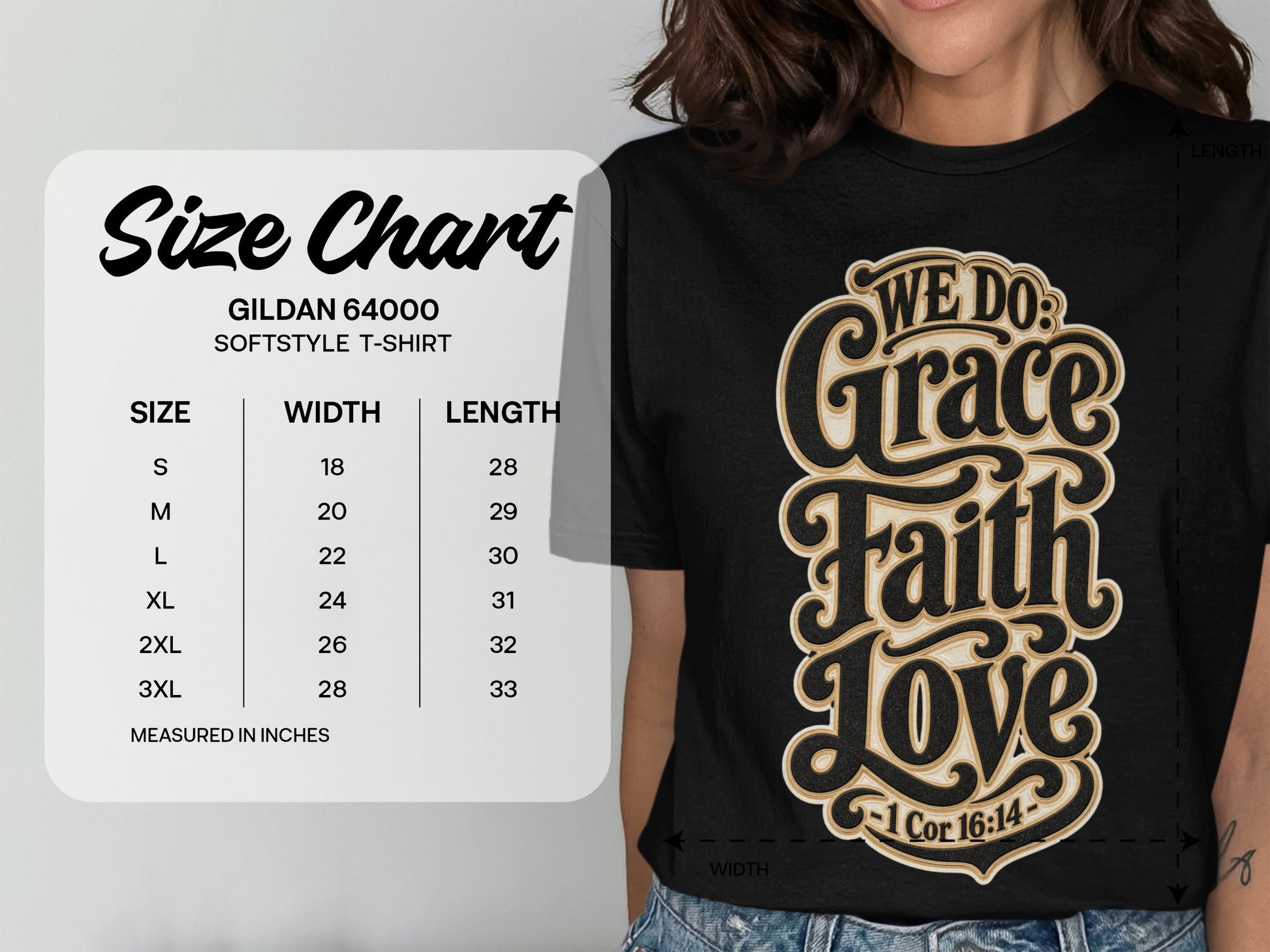 Gildan 64000 softstyle t-shirt size chart with width and length measurements in inches.