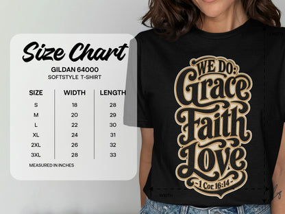 Gildan 64000 softstyle t-shirt size chart with width and length measurements in inches.