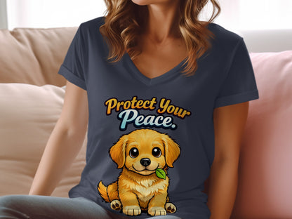 Dark blue t-shirt with cartoon puppy and "Protect Your Peace" text.