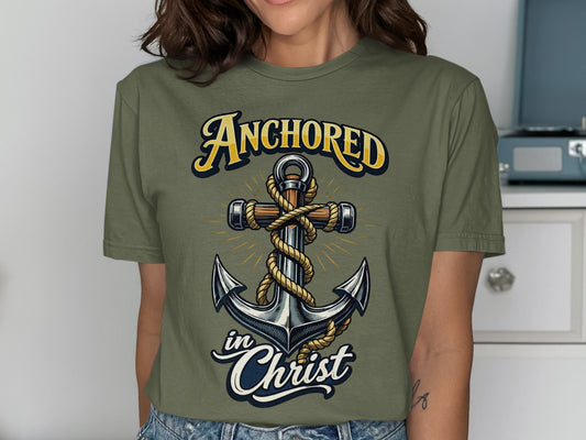 Olive green t-shirt with a graphic of an anchor, rope, and text "Anchored in Christ".