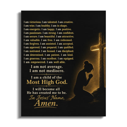 Silhouette of woman praying before a cross with affirming text on black background.