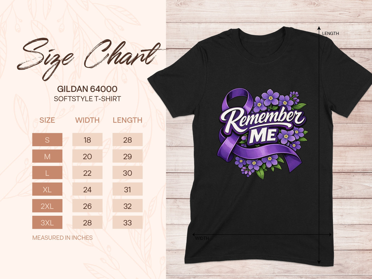 Black Gildan 64000 t-shirt with "Remember ME" design and purple ribbon, includes size chart.