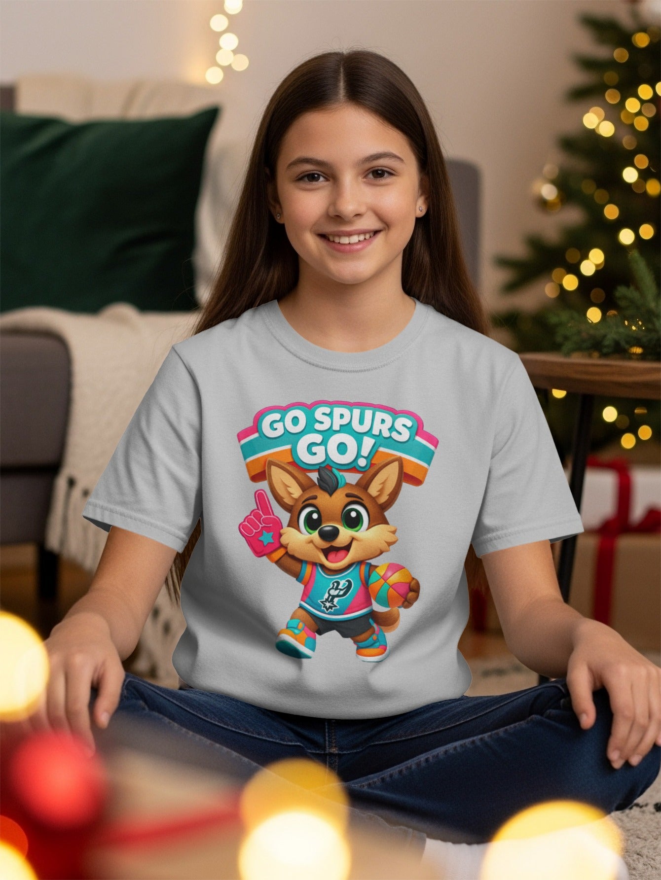 Cartoon fox mascot holds basketball on t-shirt with "GO SPURS GO!" text.
