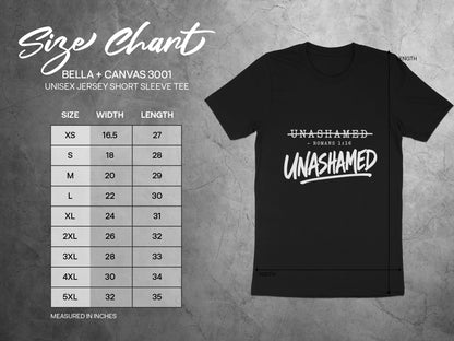 Size chart for Bella + Canvas 3001 unisex short sleeve tee with measurements in inches.