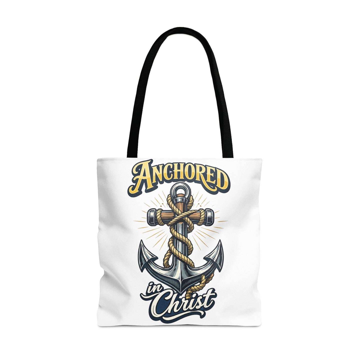Tote bag with "ANCHORED in Christ" text and anchor graphic.